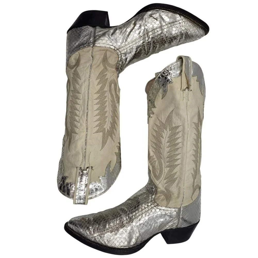 Vintage 1970s Mens 11D Larry Mahan Silver Metallic Snakeskin Cowboy Boots Rare - Picture 3 of 16